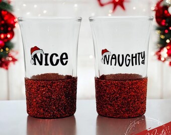Naughty or Nice Glittered Shot Glasses, Christmas Party Decor (Set of 2)
