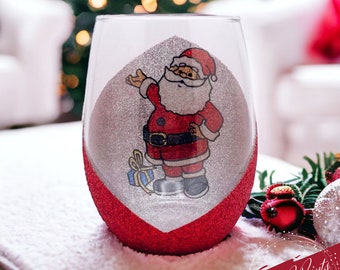 Hand Painted Santa Claus Stemless Glitter Wine Glass, Christmas Decor