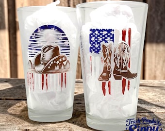 American Flag Cowboy Boot Hat Pint Glasses: Rustic Western Patriotic Drinkware