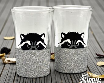 Angry Raccoon Glitter Shot Glasses: Funny Trash Panda Gift (Set of 2)