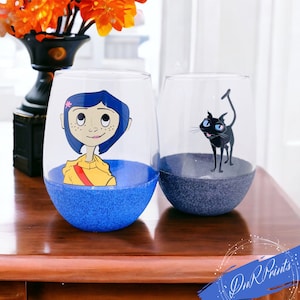 Coraline Stemless Glittered Wine Glass Set/Halloween Decorations/Halloween Party Decor/ Spooky Fall Decorations / Halloween Party Glass/