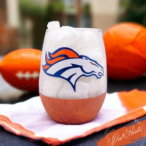 Denver Broncos Football Wine Glass / Glittered Stemless Football Glass / Broncos Sports Glass/ Football Sports Gifts/ Custom Football Glass