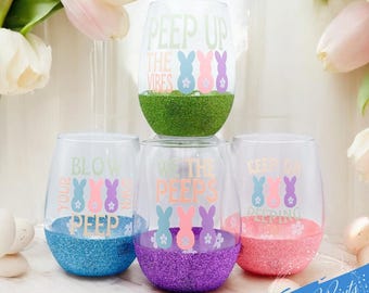 Easter Peeps Stemless Wine Glass: Glitter Boho Decor