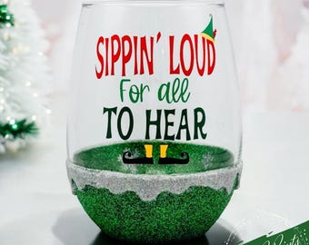 Elf Christmas Stemless Wine Glass: Glittered Holiday Decor