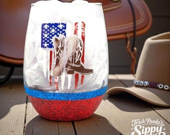 American Flag Cowboy Boot Glitter Stemless Wine Glass: Americana, Patriotic, 4th of July Cup