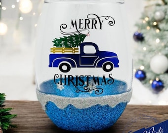 Merry Christmas Truck Glittered Stemless Wine Glass: Holiday Decor