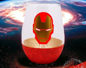 Copa de vino sin tallo con purpurina de Iron Man, copa de superhéroe de los Vengadores