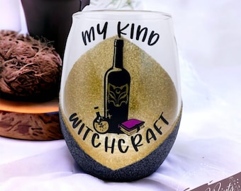 Witchcraft Stemless Wine Glass: Glitter Halloween Decor