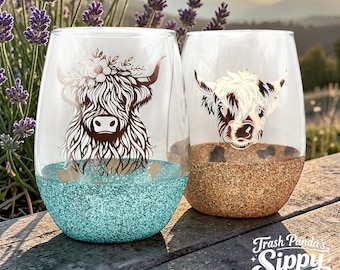 Glittered Highland Cow Wine Glasses: 20oz Western Drinkware