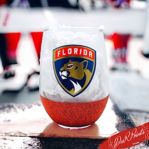 Florida Panthers Hockey Wine Glass / Custom Team Hockey Cup /  Personalized Sports Gifts/ Glittered Stemless Wine Glass / Hockey Sports Cup