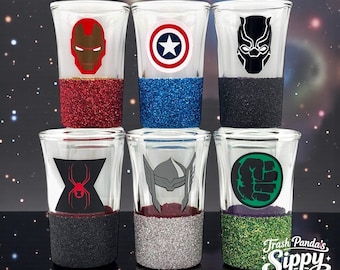 Superhero Glittered Shot Glasses: Avengers Party Decor, Set of 6