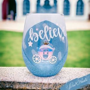 Cindere Believe Glittered Stemless Wine Glass/ Cinderella Party Gifts/ Disney Custom Gift Items / Glass Slipper/Cinderella wine Tumbler