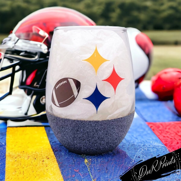 Pittsburg Steelers Glittered Stemless Wine Glass / Football Sports Glass/ Steelers Football Cup/ Personalized Football Glass