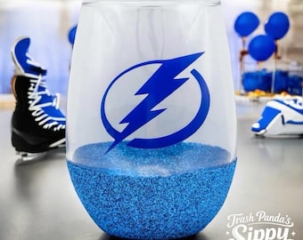 Tampa Bay Lightning Wine Glass: Glitter Stem, Hockey Puck Design