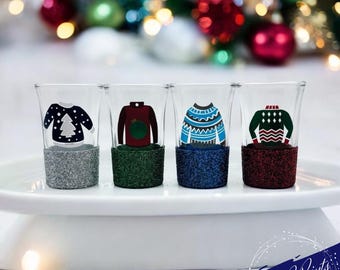 Ugly Sweater Glittered Shot Glasses: Christmas Party Decor, Set of 4