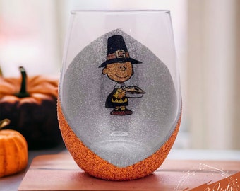 Charlie Brown Thanksgiving Wine Glass: Hand Painted Glitter Holiday Glass