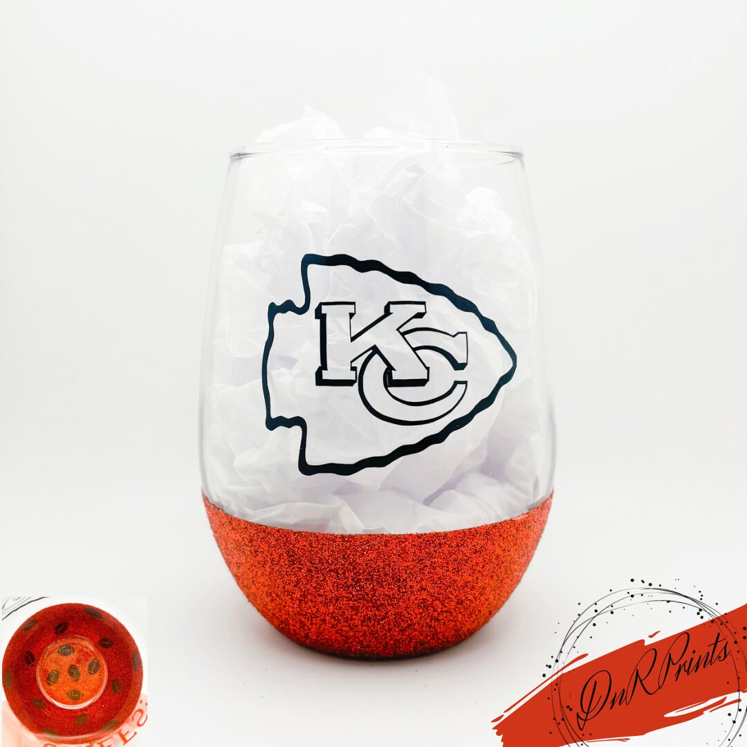 Kansas City Chiefs Football Wine Glass / Stemless Glittered Wine Glass