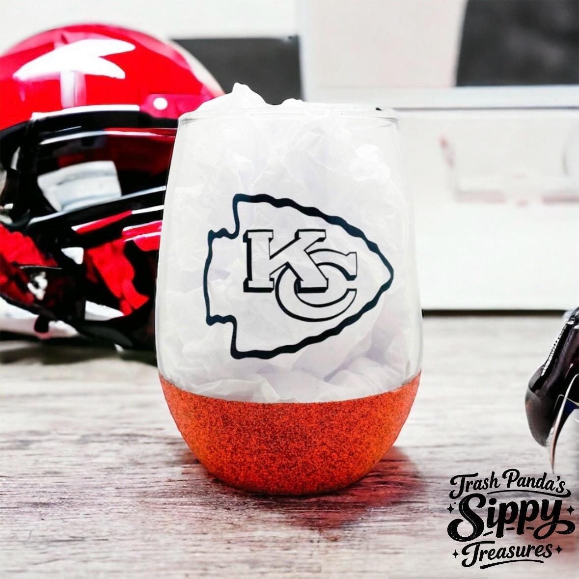 Chiefs Glitter Stemless Wine Glass Football Sports Gift