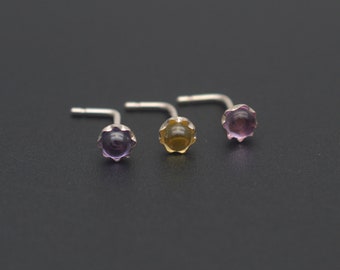 sterling silver nose ring,gemstone nose stud,L shaped nose ring,amethyst nose ring,gift to her