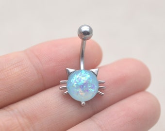 cat belly button rings,blue cat belly button jewelry,navel ring,cat belly ring,girlfriend belly piercing jewelry,belly navel piercing ring