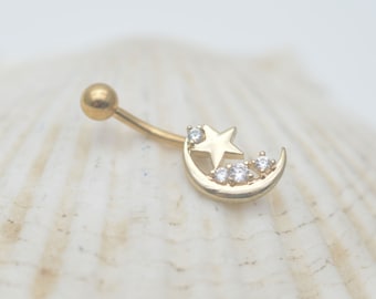 belly button ring,crescent belly button jewelry,star navel ring,celestial  belly ring,moon belly ring,gift to her