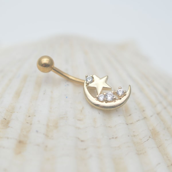belly button ring,crescent belly button jewelry,star navel ring,celestial  belly ring,moon belly ring,gift to her