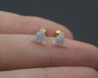 opal cartilage earring,triangle cartilage piercing earring,geometric earring,small gold earring