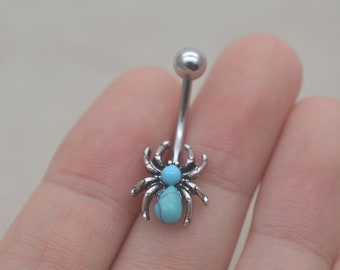 spider belly button rings,turquoise belly button jewelry,navel ring,steampunk belly ring,rocker belly piercing jewelry