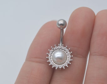 pearl belly button rings,flower belly button jewelry,glittery belly ring,minimal belly piercing jewelry,beach jewelry