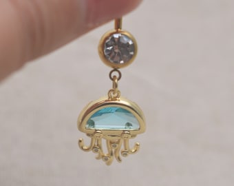 jellyfish belly button rings,animal belly button jewelry,ocean blue navel ring,pearl belly ring,beach belly piercing jewelry