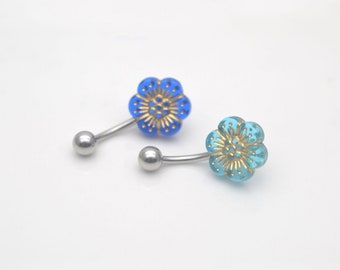 blue belly button ring,belly button jewelry,floral navel ring,stunning belly ring,gift for her,wedding jewelry