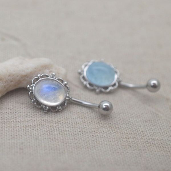moonstone belly button rings,belly button jewelry,oval navel ring,belly ring,aquamarine belly piercing,natural stone jewelry