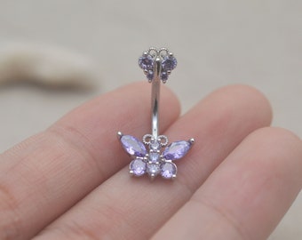 butterfly belly button ring,dainty belly button jewelry,navel ring,girlfriend belly ring,purple belly piercing jewelry,christmas gift