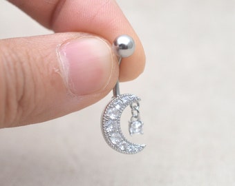 glittering belly button ring,crescent belly button jewelry,moon navel ring,celestial  belly ring,diamond belly ring,gift to her