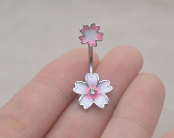 sakura belly button rings,cute belly button jewelry,floral navel ring,girlfriend belly ring,belly piercing jewelry,bff gift