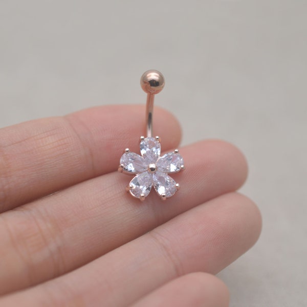 belly button ring,crystal flower belly button jewelry,floral navel ring,fancy belly ring,girlfriend gift,gift to her