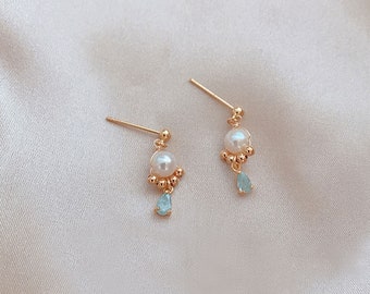 freshwater pearl Earrings,aquamarine earrings,minimal earrings,dainty earrings,bff gift