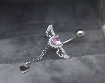 sweet heart belly button ring,wings belly button jewelry,pink navel ring,girlfriend belly ring,cute belly piercing jewelry,bff gift