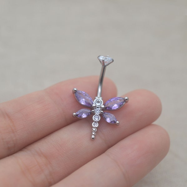 dragonfly belly button rings,purple belly button jewelry,belly ring,dainty belly piercing jewelry,navel piercing ring