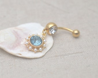 aquamarine belly button rings,delicate belly button jewelry,pearl navel ring,wedding belly ring,bridal jewelry,bridesmaid gift
