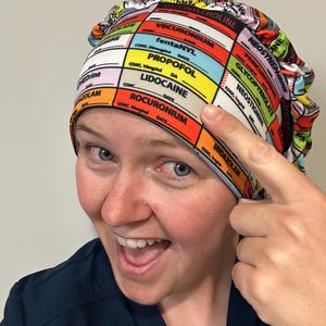 Puede incluir: Un gorro quirúrgico con un patrón de cuadrícula colorido de etiquetas de medicamentos. La tela muestra nombres como Fentanyl, Propofol, Lidocaine, Rocuronium y Midazolam en texto negro sobre fondos rectangulares de varios colores con líneas para fecha y concentración.