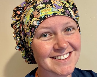 Mystery friends bouffant Scrub Cap, Handmade Stretchy Soft Comfort, Chemo Cap