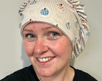 Striped pumpkins bouffant Scrub Cap, Handmade Stretchy Soft Comfort, Chemo Cap