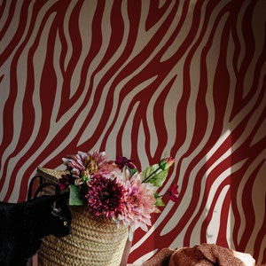 Red Zebra Pattern Wallpaper / Contemporary Animal Print wallpaper / Traditional or Self Adhesive Wallpaper