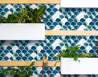 Blue Marble Scallop Tiles Wallpaper: Peel and Stick, Coastal