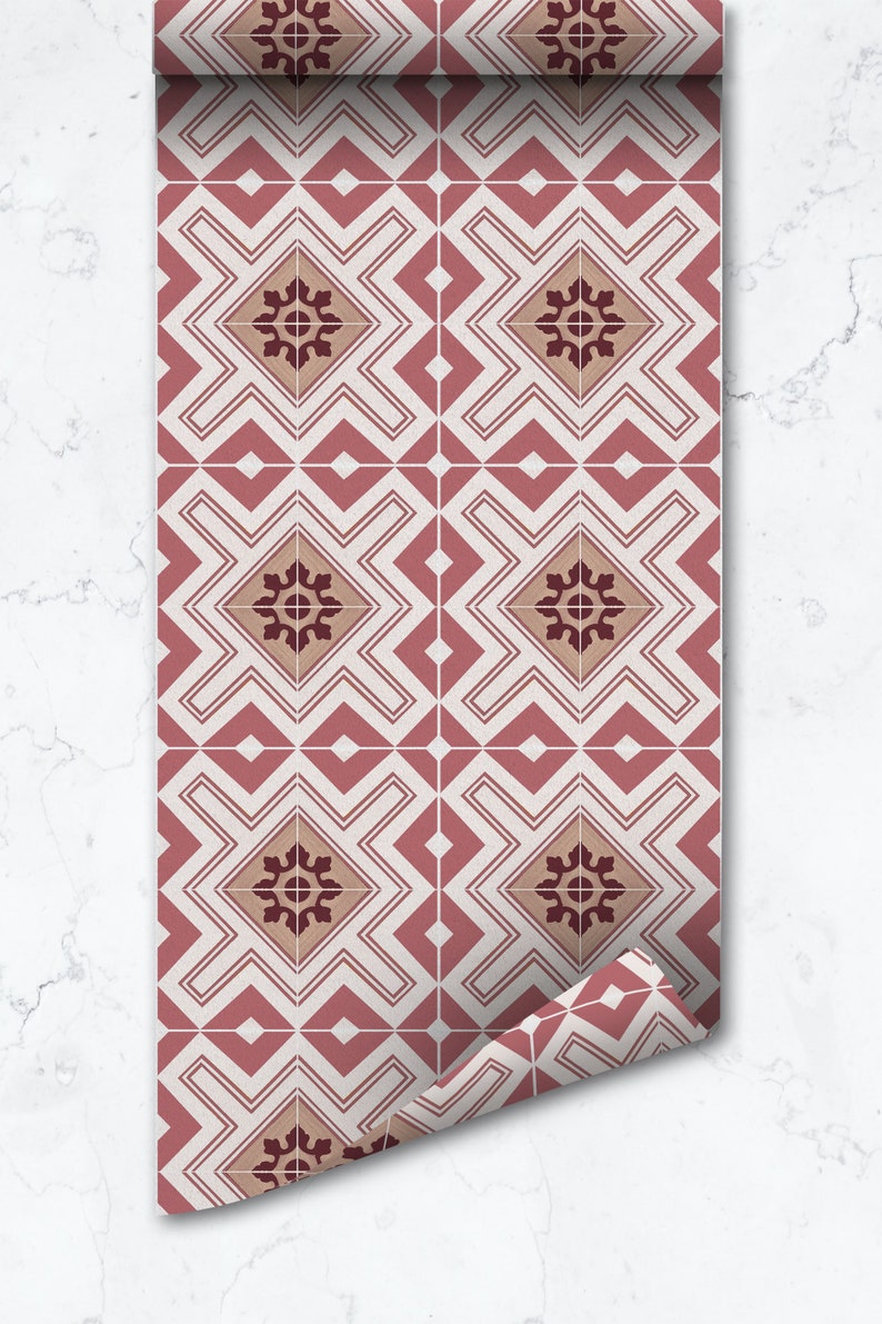 Pink Moroccan Tile Pattern Wallpaper, Elegant Geometric Design, Bohemian Bedroom, Peel and stick or Traditional Wallpaper image 3