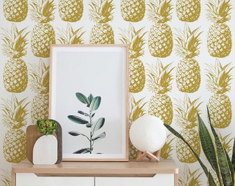 Faux Gold Pineapple Removable Wallpaper, Tropical Fruits, Jungle Theme Temporary and Traditional material