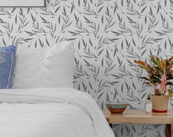 Grey botanical removable wallpaper, available as self adhesive or non woven wallpaper