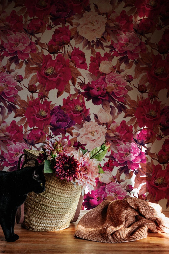 Pink Peony Floral Wallpaper: Eclectic Peel and Stick, Traditional Material