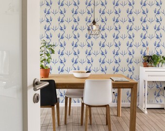 Papel tapiz de damasco azul: estilo victoriano, opción de despegar y pegar